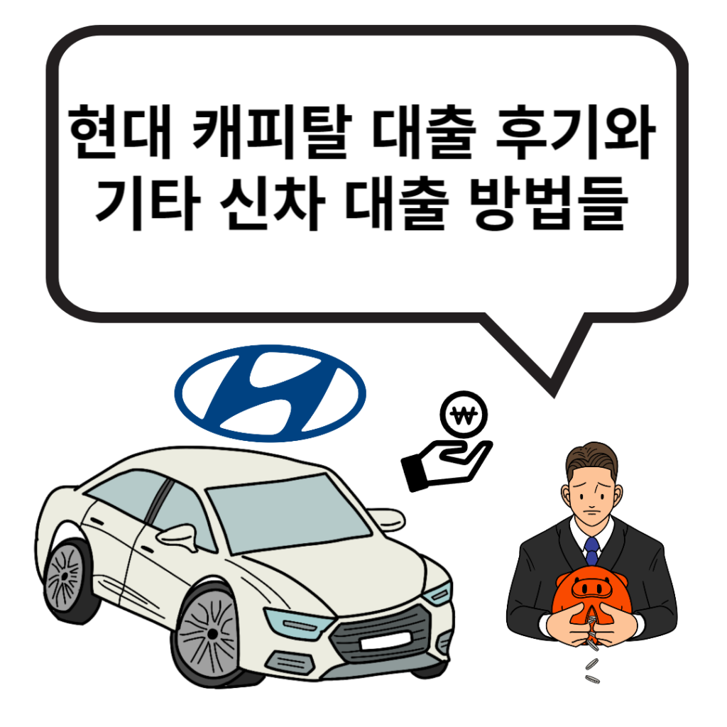 현대 캐피탈 자동차 대출 후기와 신차 대출방법 문구와 현대 로고 자동차와 돼지 저금통을 들고 있는 우울한 표정의 남자와  손 위에 돈 그림이 있습니다.