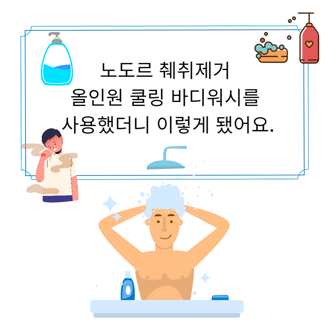 노도르 췌취제거 올인원 쿨링 바디워시 사용했더니 이렇게 됐어요 문구와 바디워시 그림 옷에 냄새나는 그림 샤워하는 남자 이미지가 있다.